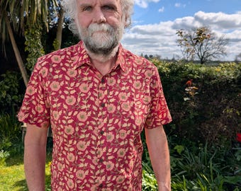 Men's Short Sleeve Cotton Block Print Shirt, Funky Summer Shirts, Smart Shirts