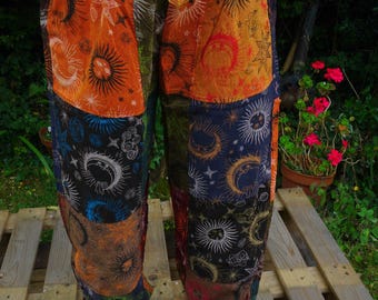 Patchwork Sun and Moon Trousers | Celestial Pants | Hippie Festival Trousers | Baggy Loose Comfortable Trousers | Orange Green Purple