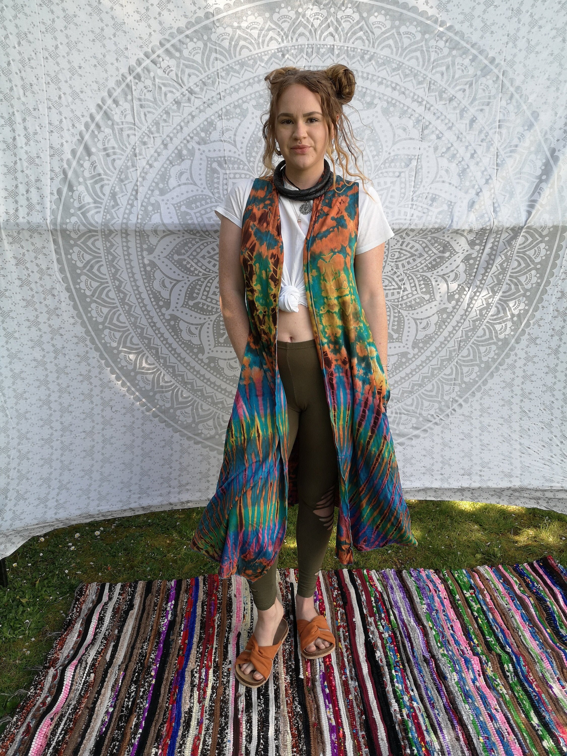 Image of Full Length Maxi Sleeveless Multicolour Cardigan Waistcoat Tie - Dye, Steampunk Gothic Biker