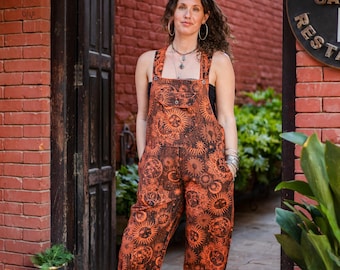 Celestial Sun & Moon Dungarees – Stonewashed Cotton Overalls – Festival Jumpsuit – Boho Unisex Clothing – Blue Purple Red Orange – S/M  L/XL