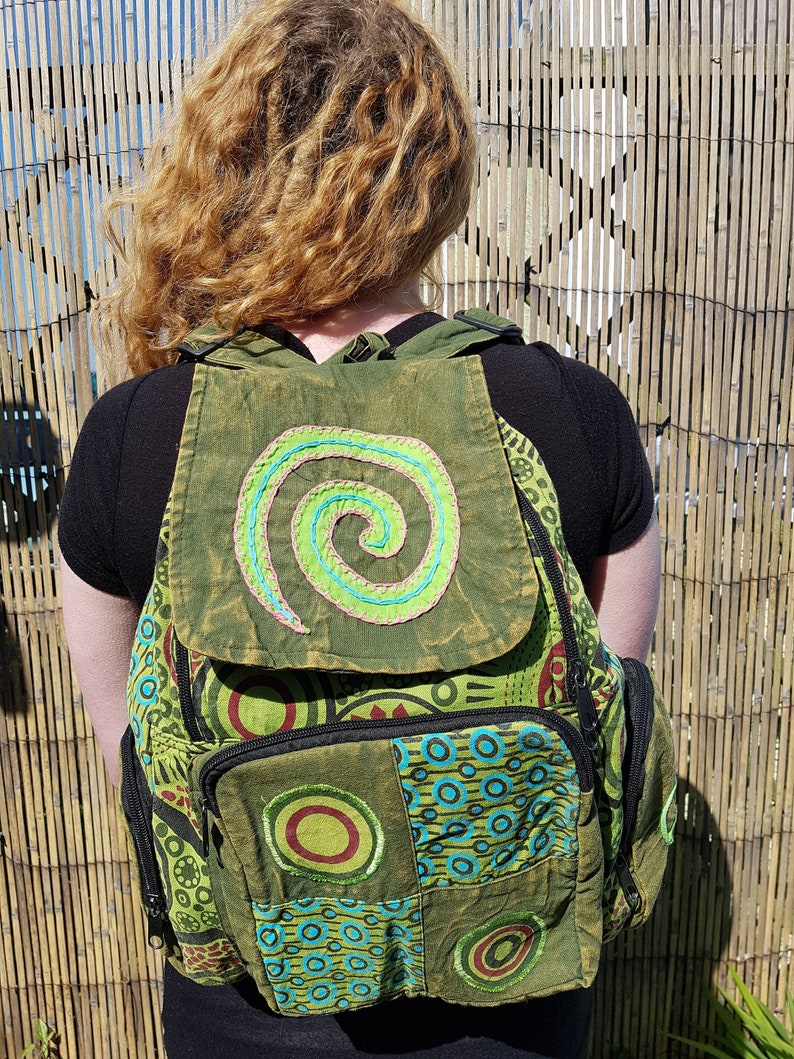 Spiral Patchwork Backpack, Cotton Stonewash Flower Rucksack, Hippy Bohemian, Pink Green Blue Purple image 6