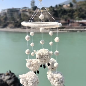 Handmade Felt + Wool Sheep Mobile, Decoration Ornament, Counting sheep, Nursery Baby Shower, Animal Farm, Cute Wooly Sheep