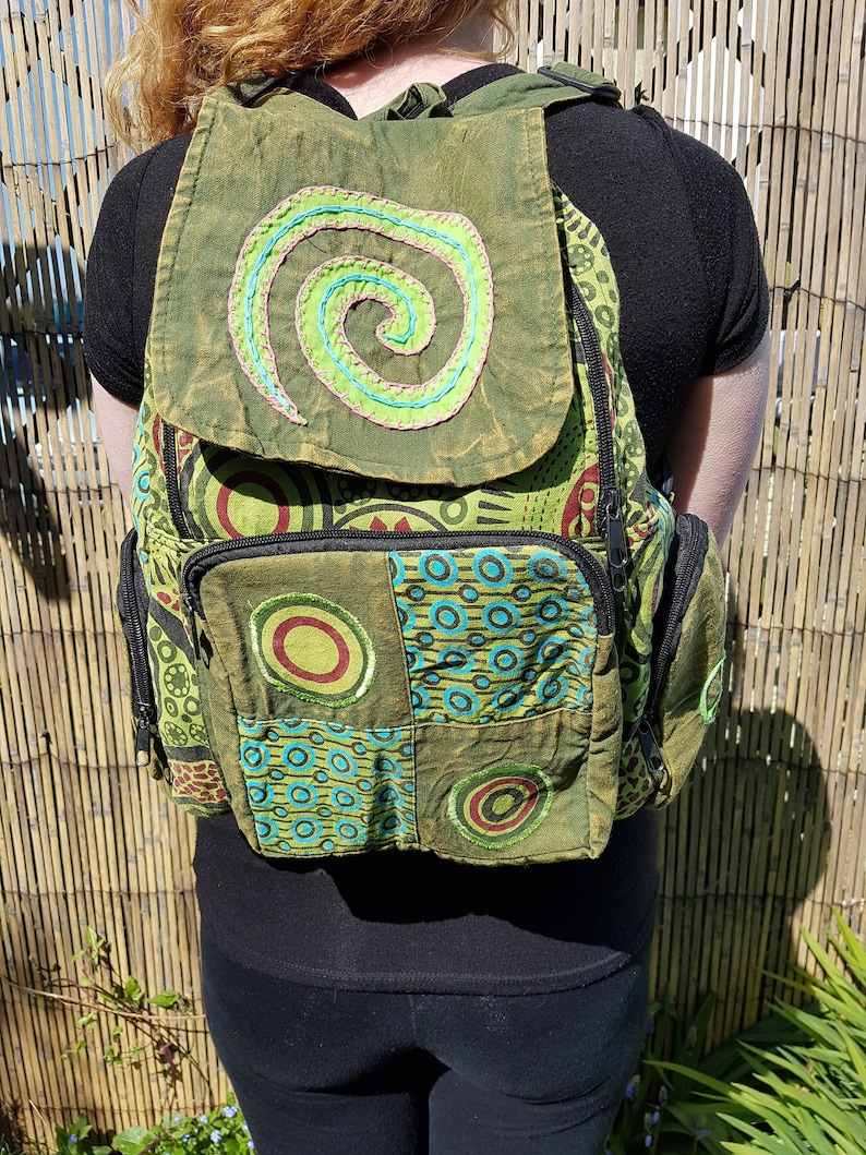 Spiral Patchwork Backpack, Cotton Stonewash Flower Rucksack, Hippy Bohemian, Pink Green Blue Purple Green