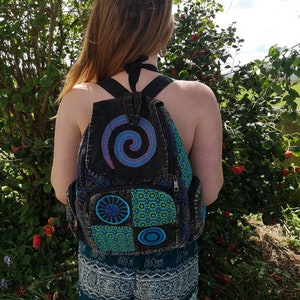 Spiral Patchwork Backpack, Cotton Stonewash Flower Rucksack, Hippy Bohemian, Pink Green Blue Purple Blue