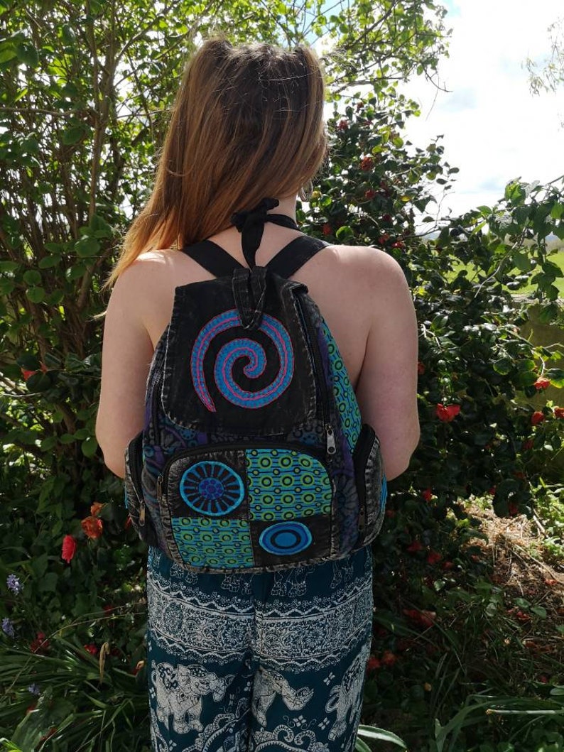 Spiral Patchwork Backpack, Cotton Stonewash Flower Rucksack, Hippy Bohemian, Pink Green Blue Purple Blue