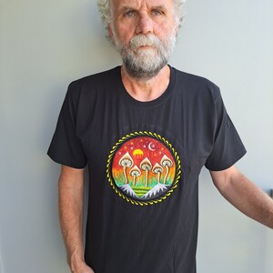 Funky Embroidery Black T-shirts, Sun Dope Man Mandala Magic Mushroom Tree of Life Mountain Mushroom