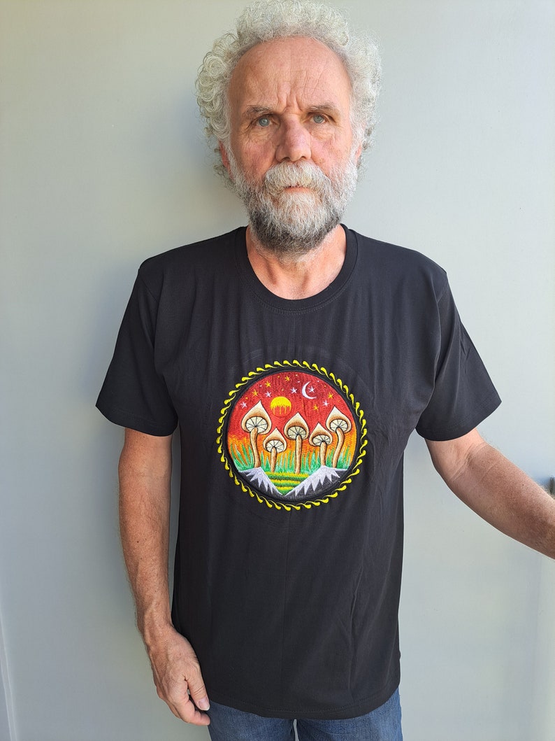 Funky Embroidery Black T-shirts, Sun Dope Man Mandala Magic Mushroom Tree of Life Mountain Mushroom