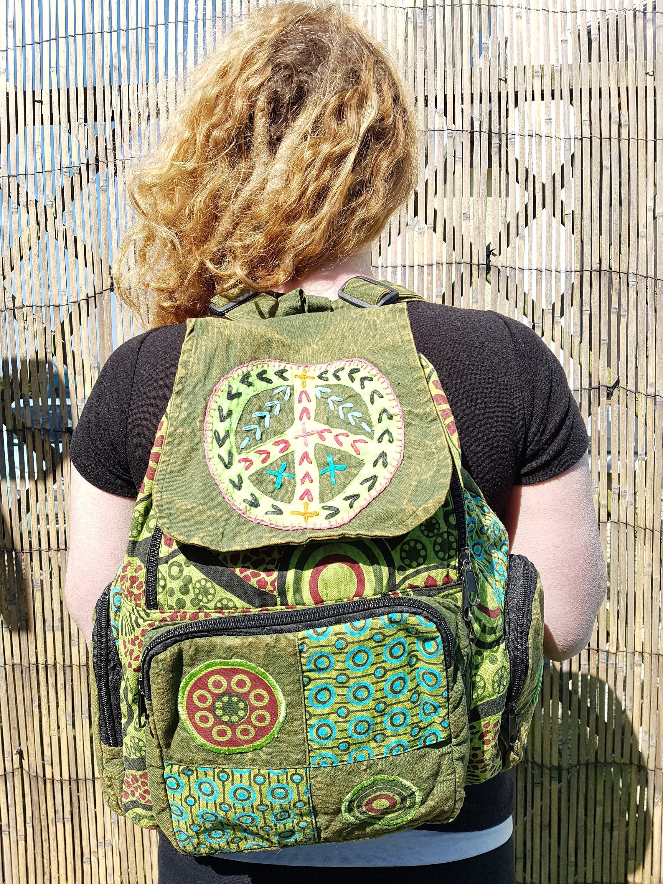 Peace Patchwork Backpack, Cotton Stonewash Flower Rucksack