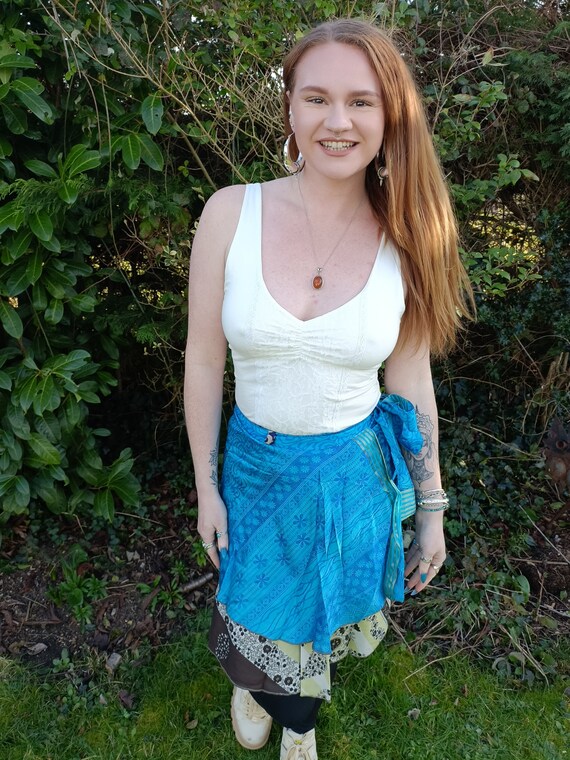 Recycled Sari Silk Reversible Mini Skirt Short Mini Wrap Skirt Hippy Boho Indian Floral Orange Blue Pink 8 10 12 14