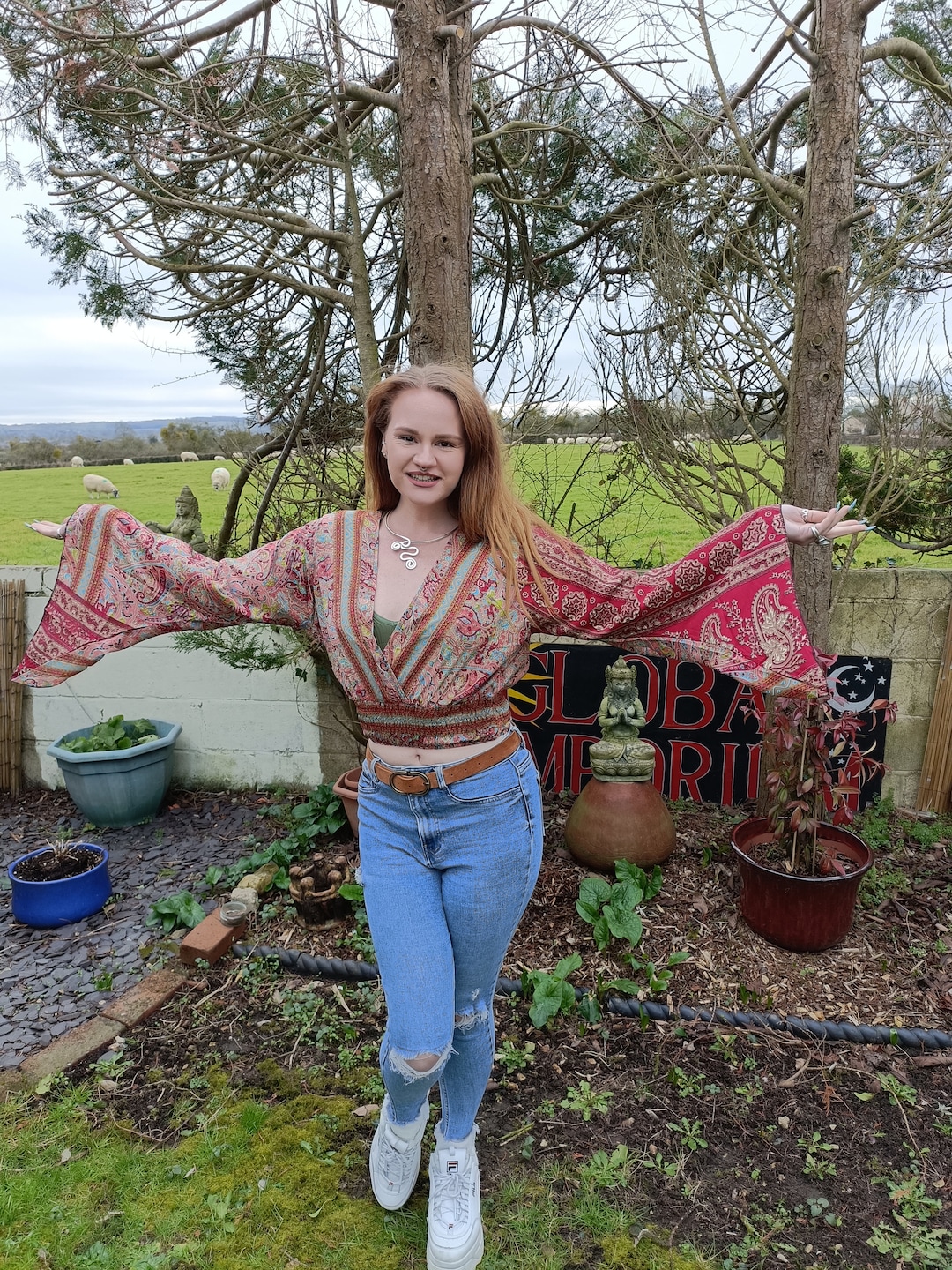 Plus Up-Cycled Sari Bell Sleeve Wrap Tie Top #117