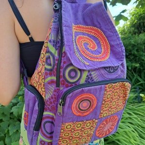 Spiral Patchwork Backpack, Cotton Stonewash Flower Rucksack, Hippy Bohemian, Pink Green Blue Purple Purple