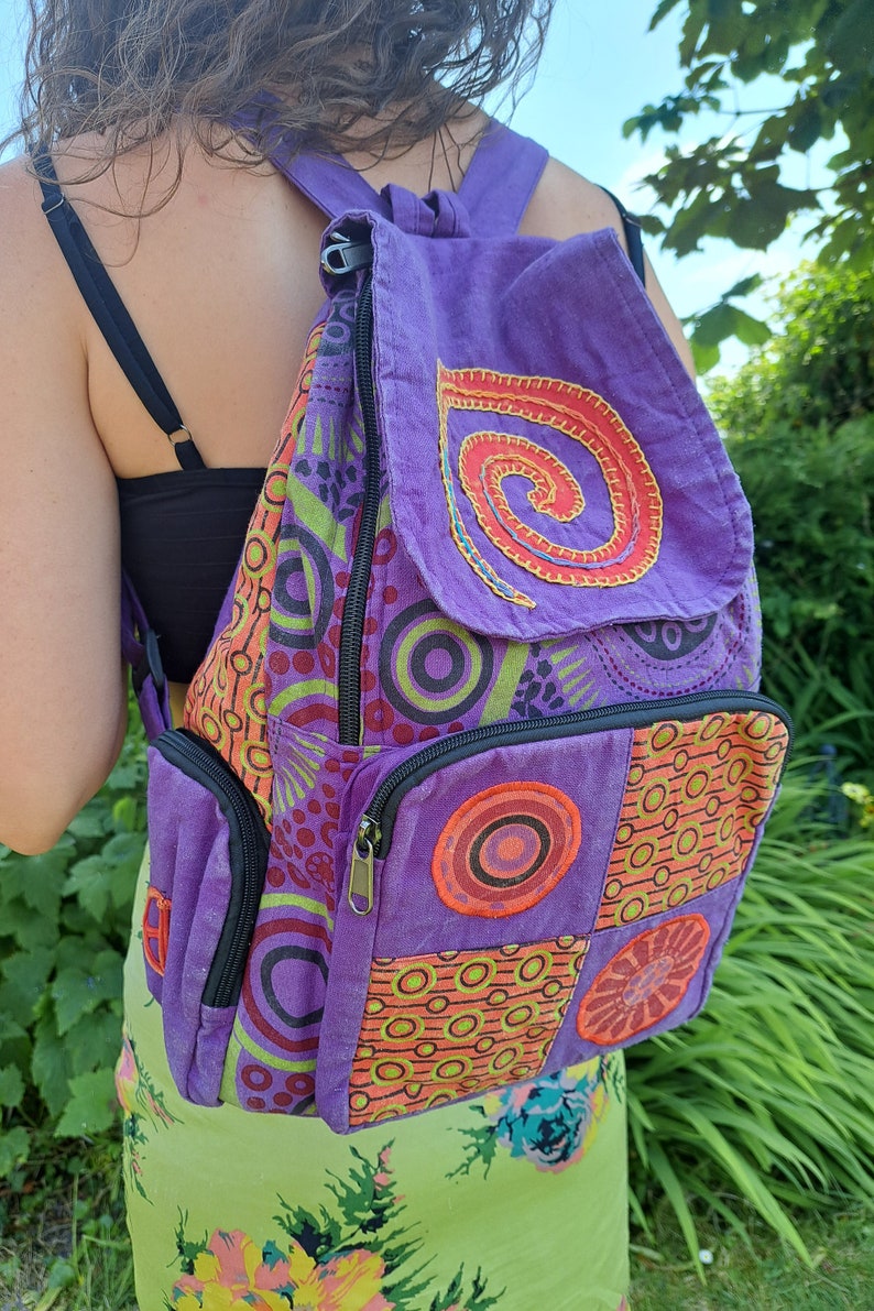 Spiral Patchwork Backpack, Cotton Stonewash Flower Rucksack, Hippy Bohemian, Pink Green Blue Purple Purple