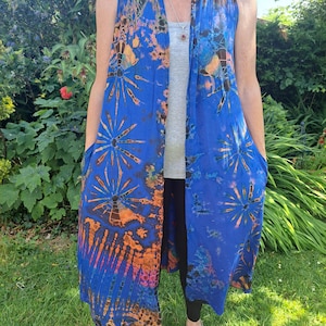 Full Length Maxi Sleeveless Multicolour Cardigan | Waistcoat Overcoat | Tie - Dye Steampunk Gothic Biker Hippy Boho Festival Rainbow |