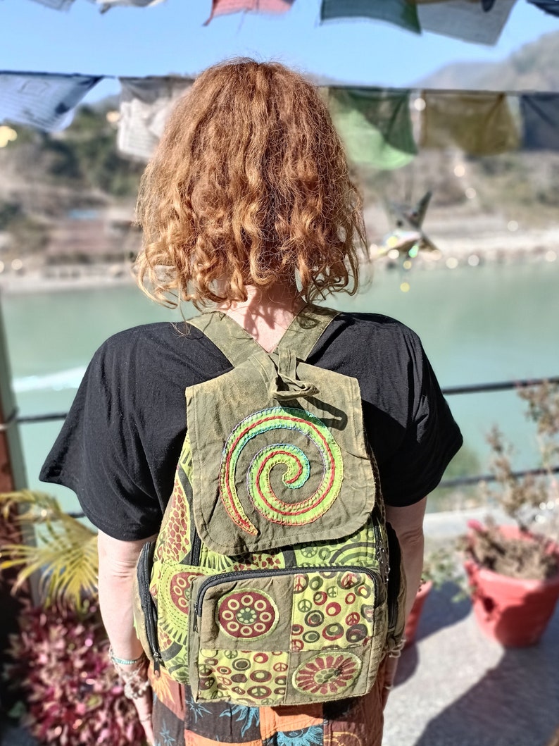 Spiral Patchwork Backpack, Cotton Stonewash Flower Rucksack, Hippy Bohemian, Pink Green Blue Purple image 10