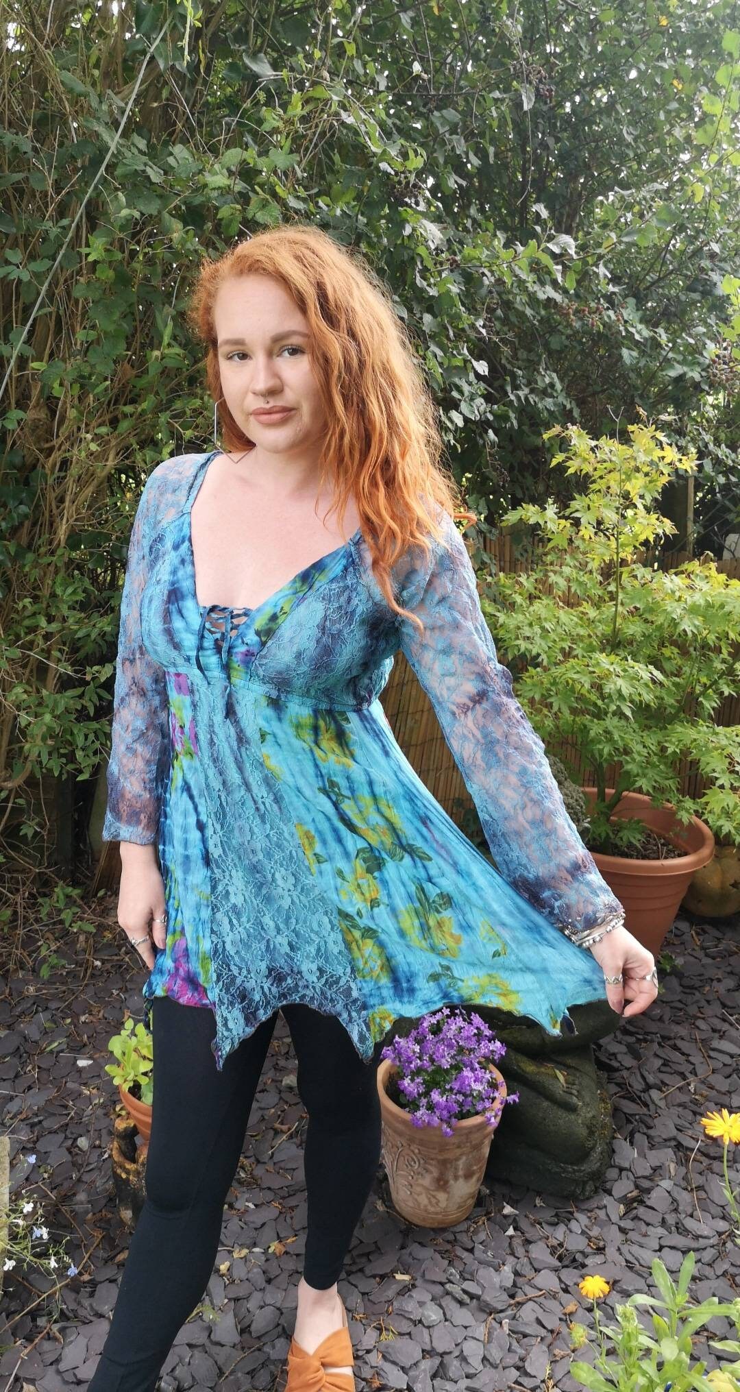 Image of Hippy Gothic Purple Top Steampunk Floaty Ladies Lacey Long Sleeve Grey Green Blue Black