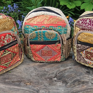 Mini Patchwork Sequin Embroidery Backpack, Bright Summer Multicolour Rucksack, Hippy Boho Festival