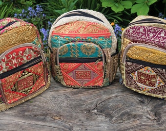 Mini Patchwork Sequin Embroidery Backpack, Bright Summer Multicolour Rucksack, Hippy Boho Festival