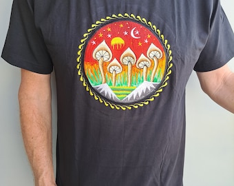 Camisetas negras con bordado moderno, Sun Dope Man Mandala Magic Mushroom Tree of Life