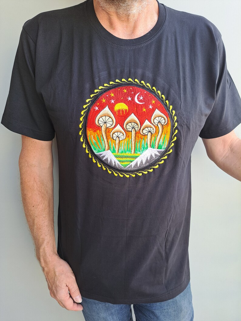 Funky Embroidery Black T-shirts, Sun Dope Man Mandala Magic Mushroom Tree of Life image 8