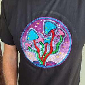 Funky Embroidery Black T-shirts, Sun Dope Man Mandala Magic Mushroom Tree of Life image 10