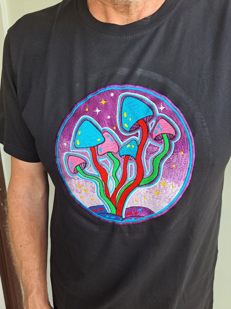 Funky Embroidery Black T-shirts, Sun Dope Man Mandala Magic Mushroom Tree of Life image 10