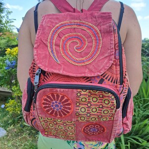 Spiral Patchwork Backpack, Cotton Stonewash Flower Rucksack, Hippy Bohemian, Pink Green Blue Purple image 7