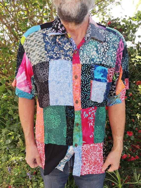 Hippy Casual Unisex GRANDAD SHIRT in Patchwork Painted Cotton Om Symbol Painted 