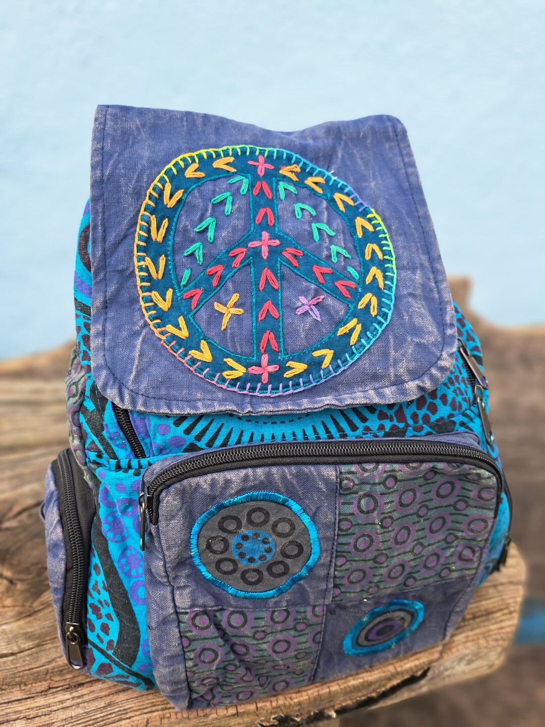 Peace Patchwork Backpack Cotton Stonewash Flower Rucksack - Etsy