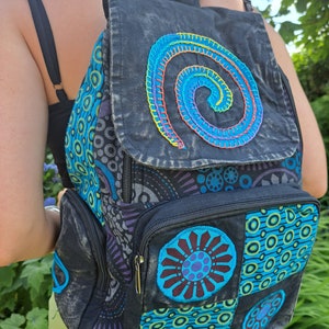 Spiral Patchwork Backpack, Cotton Stonewash Flower Rucksack, Hippy Bohemian, Pink Green Blue Purple Light Blue