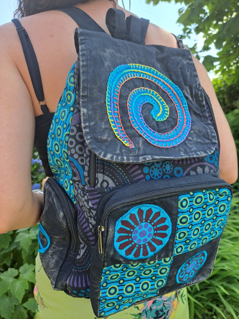 Spiral Patchwork Backpack, Cotton Stonewash Flower Rucksack, Hippy Bohemian, Pink Green Blue Purple Light Blue