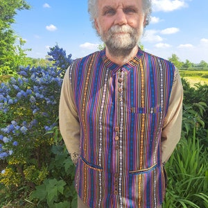 Men&#39;s Colourful Stripe Nehru Collar Waistcoat, Vest Mandarin Hipster Modi Indian Grandad Kurta Long One Size - L