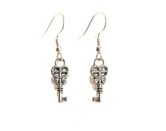 Heart Key Silver Charm Danhle Drop Earrings.