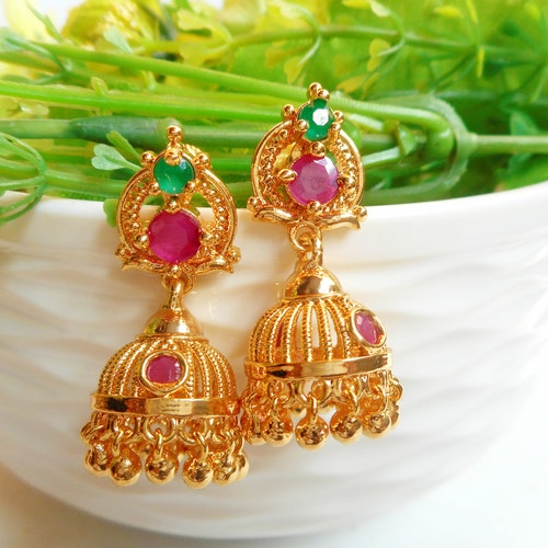 Gold Plated South Indian Temple Work Lakshmi Jhumka Earrings - Etsy