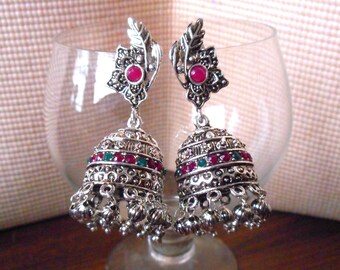 Orange - Ronak German Silver Jhumki Earrings with Wooden Bird