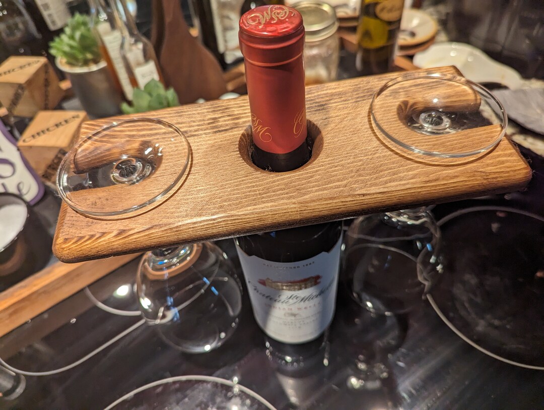 Rustic Wine Caddy, Custom Wine Holder, Holds 2 Glasses and Wine Bottle ...