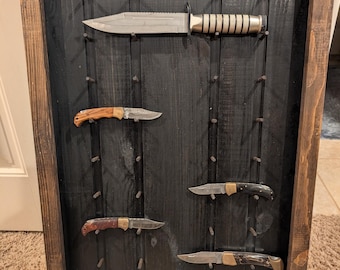 Rustic Black/Dark Walnut Stained Pine 18 Knife Display Rack: Open Shadow Box Case