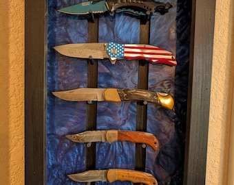 Rustic Pine & Blue Diamond Epoxy Pearl 5 Knife Rack: Open Shadow Box Case