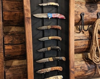 Rustic Pine Knife Display Rack: Open Shadow Box Case