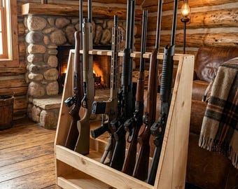 Estante rústico para rifles con estante de almacenamiento incorporado, estante para 9 rifles, estante para escopetas con almacenamiento