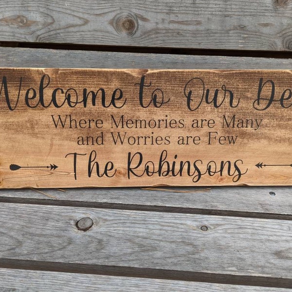 Welcome to Our Patio Custom wood sign, Distressed outdoor sign, Where memories are many and worries are few