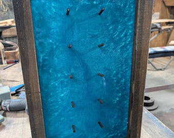 Rustic Stained Pine & Blue Pearl Epoxy 5 Knife Rack: Open Shadow Box Case