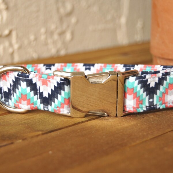 Tribal Dog Collar, Mint and Coral, Trendy Pet, Designer, Male, Female, Unisex, Metal Buckle, Half Check Chain