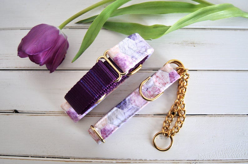 Marble Dog Collar, Hexagon, Purple Dog Collar, Pink, Girl Dog Collar, Female, Gold Metal Buckle 