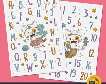 Set of 2 A4 Posters • letters • numbers • Rainbow colors • Cat fairy • Mermaid cat • ABC • 123