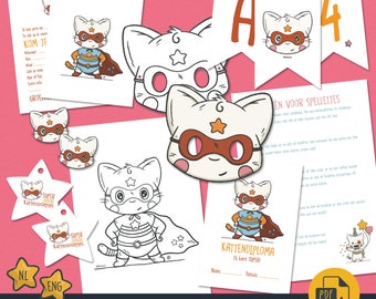 Printable 8-piece SUPER cat children's parties bundle incl. Invitations, labels, coloring page, mask, etc