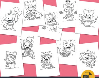 10 Coloring Pages • Party cat • Super cat • Space cat • Princess cat • Unicorn cat • Hippie cat • Knight cat • Pirate cat • Mermaid cat • Cat fairy