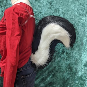 May include: A black and white faux fur skunk tail attached to a red long-sleeved top and blue jeans. The tail is curved with a fluffy white stripe in the centre. The skunk tail is a costume accessory.