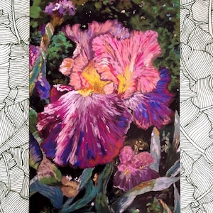 Peut inclure: Peinture vibrante d'iris aux tons roses, violets et jaunes. L'œuvre présente des coups de pinceau détaillés et un fond vert foncé, avec une bordure à motifs de feuilles noires et blanches.