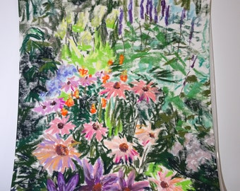 Peinture originale au pastel sec Jardin fleuri