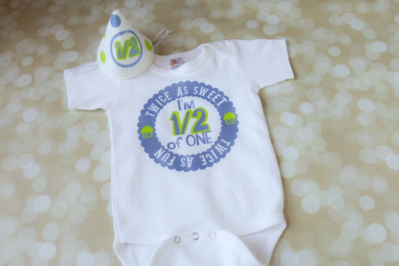 Half Birthday Outfit Set - Personalized 1/2 Birthday - Six Months Outfit - Columbia Blue and Lime - Baby Boy Birthday - Party Hat - Bodysuit Il_570xn